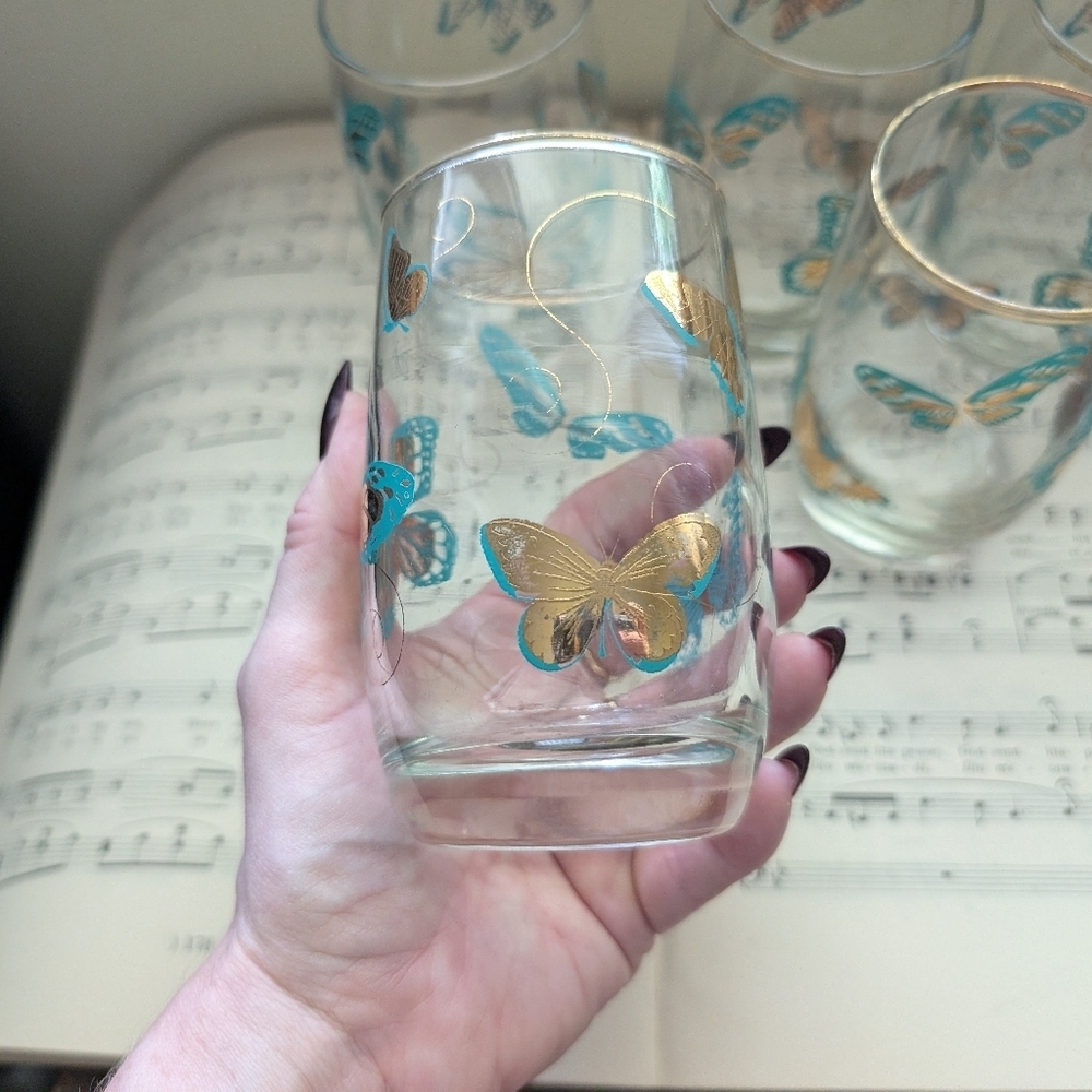 Butterfly Glass Tumbler with Gold Accents Set Of 5 Glasses